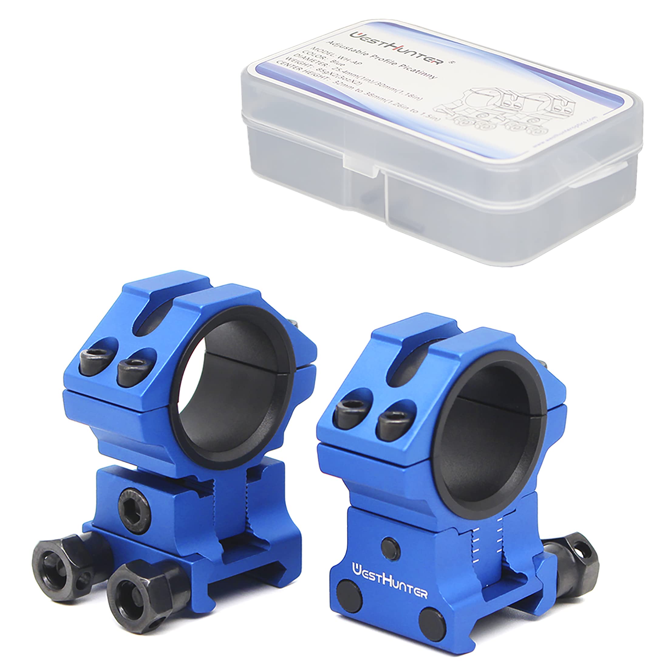 WestHunter Optics Adjustable Height Picatinny Scope Rings, 1 Inch 30 mm Precision Scope Mount | Blue