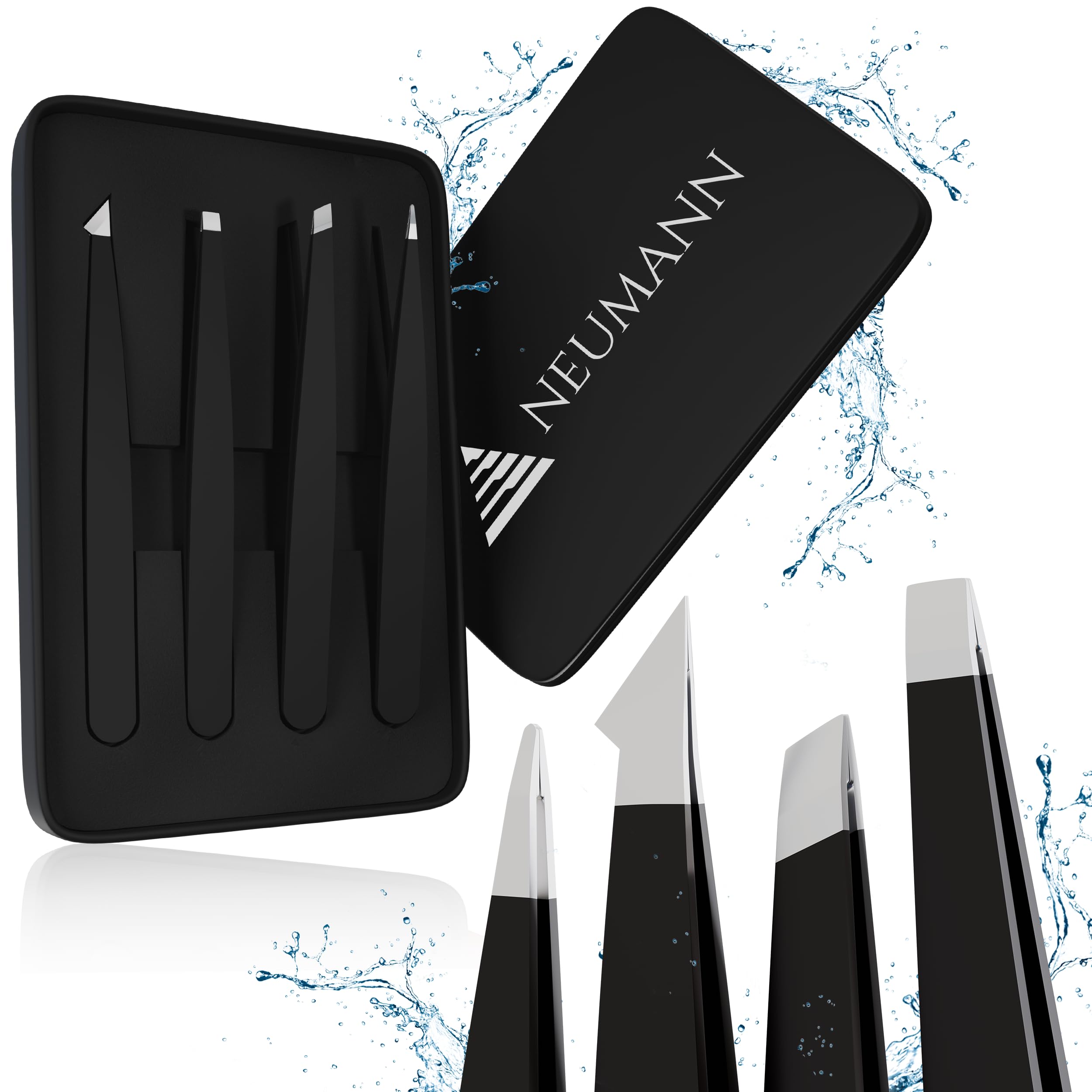 NEUMANN® Tweezers Set (Stainless Steel) for Eyebrow & Hair Removal - Oblique, Pointed & More - Includes Storage Box (Black)