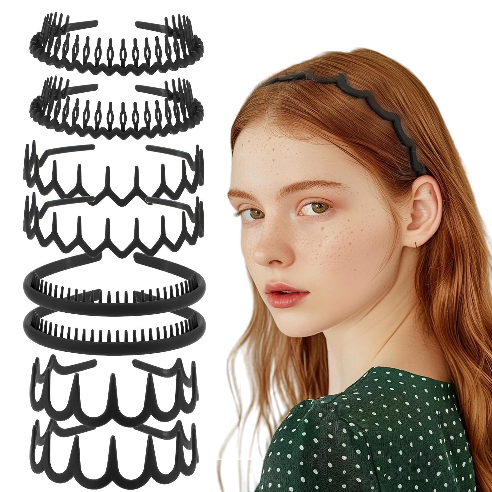 Qianyu 8 PCS Non Slip Plastic Headbands with Teeth Comb Black Skinny Hair Band Wavy Teeth Hairhoop Comfy Zig Zag Headbands Effortless Hairband Hair Accessories for Women Men Teen Girls