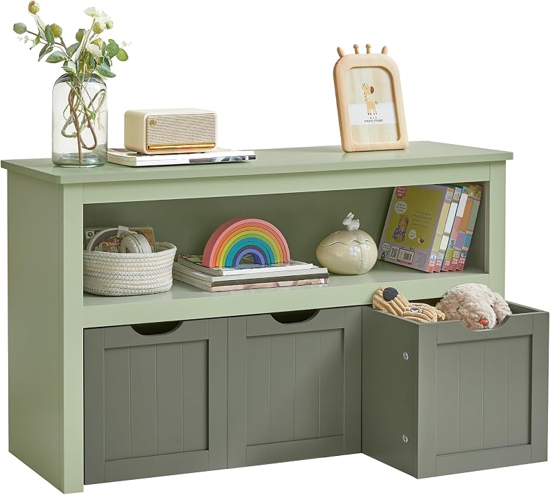 VASAGLE Toy Storage Unit With Wheels Laurel Green 3 Drawers 60 cm High