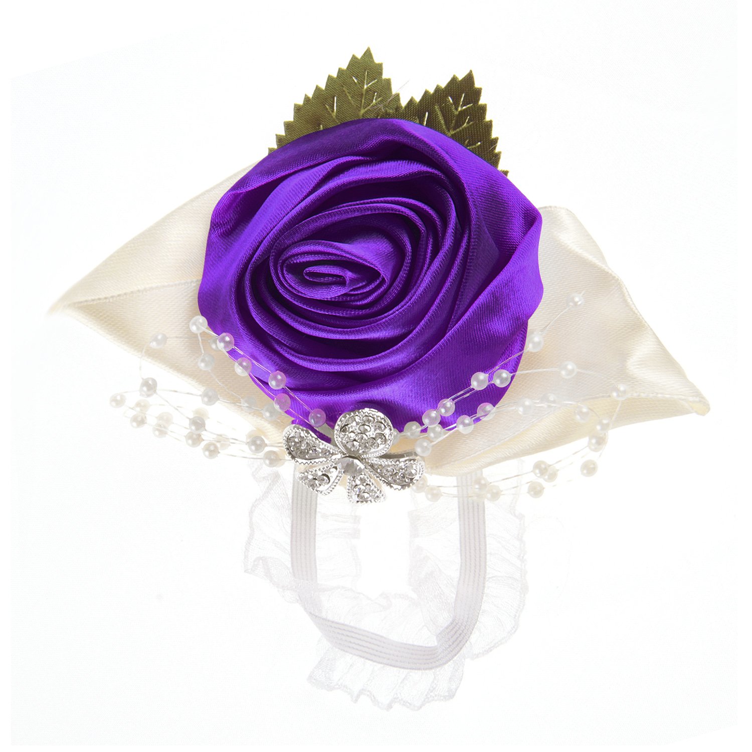 Faxianther Bridal Bridesmaid Chic Satin Rose Wrist Corsage Bracelet Prom Party Wedding Hand Flower Decor Wristband, 1 PC Deep Purple
