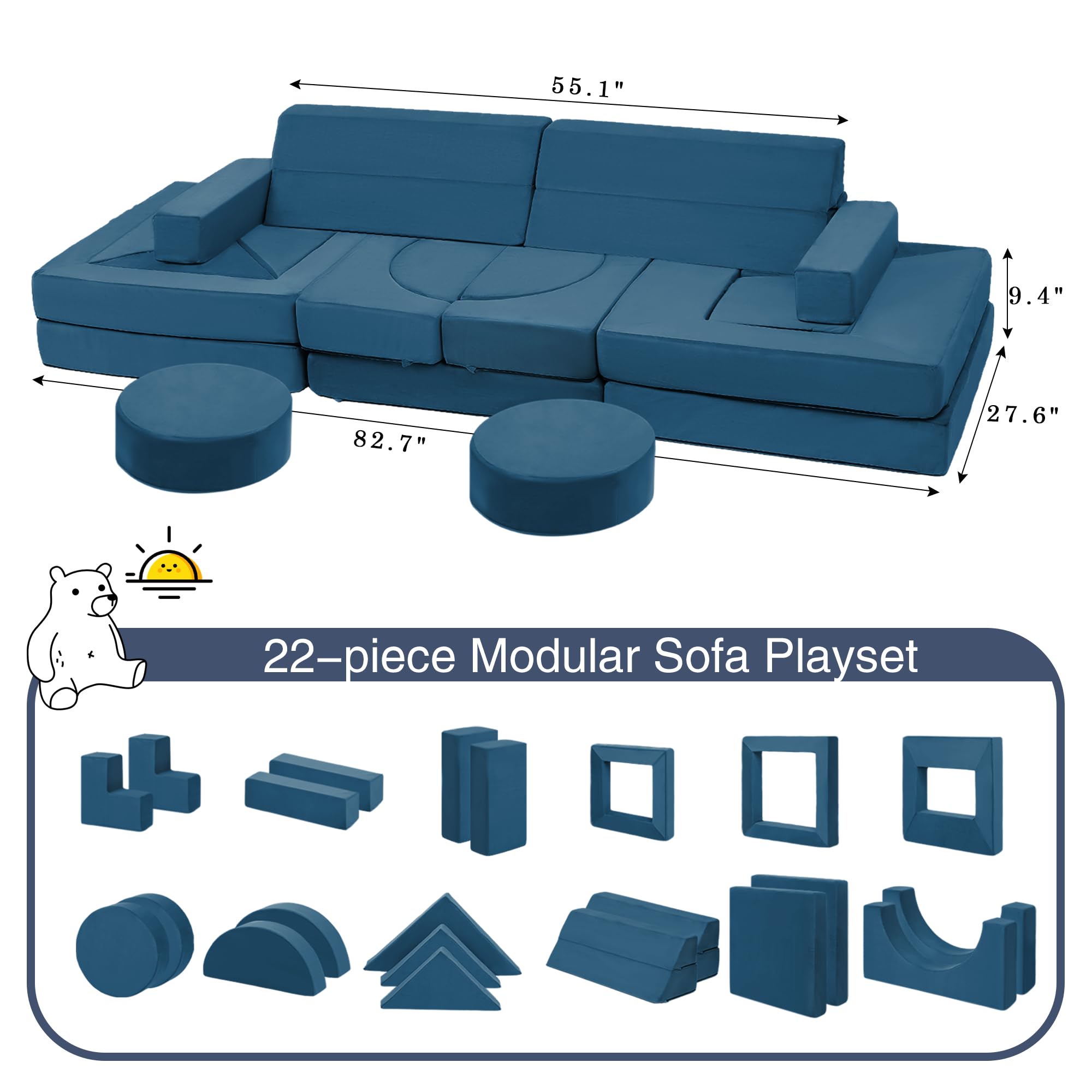 22Pcs Modular Kids Play Couch - Kids Couch for Playroom Bedroom Living Rooms Toddler Sofa for Inspiring Child Creativity，Children Convertible Foam Sofa