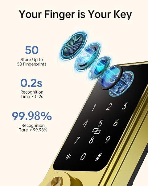 HORNBILL SMART LOCK FOR FRONT DOOR, KEYLESS ENTRY DOOR LOCK WITH HANDLESET, SMART DEADBOLT LOCK FOR HOME/NEW HOUSE, AUTO-LOCK, BRUSHED GOLD