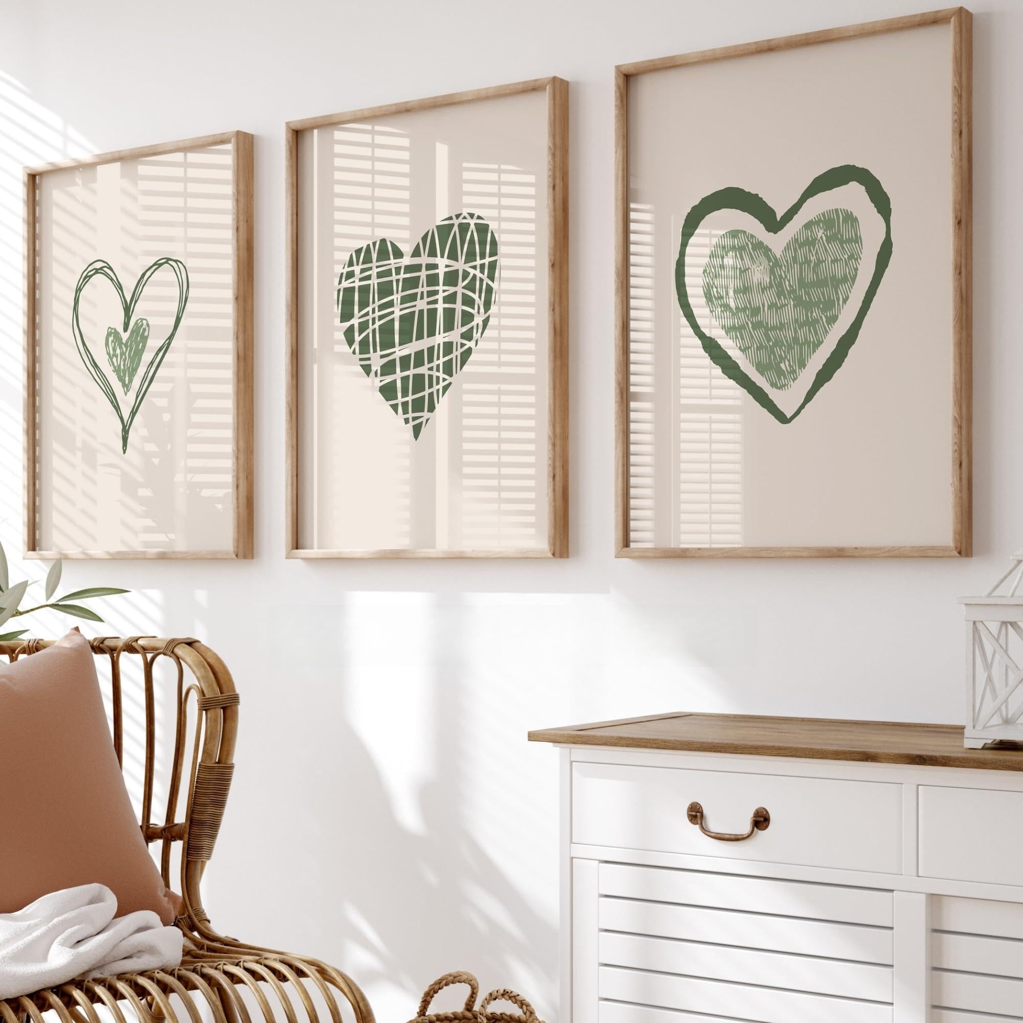Set of 3 Heart Wall Prints, Wall Art, Love Heart Prints, Sage Green Bedroom Decor, Sage Green Wall Art, Home Decor | UNFRAMED, A3, A4 (A3)