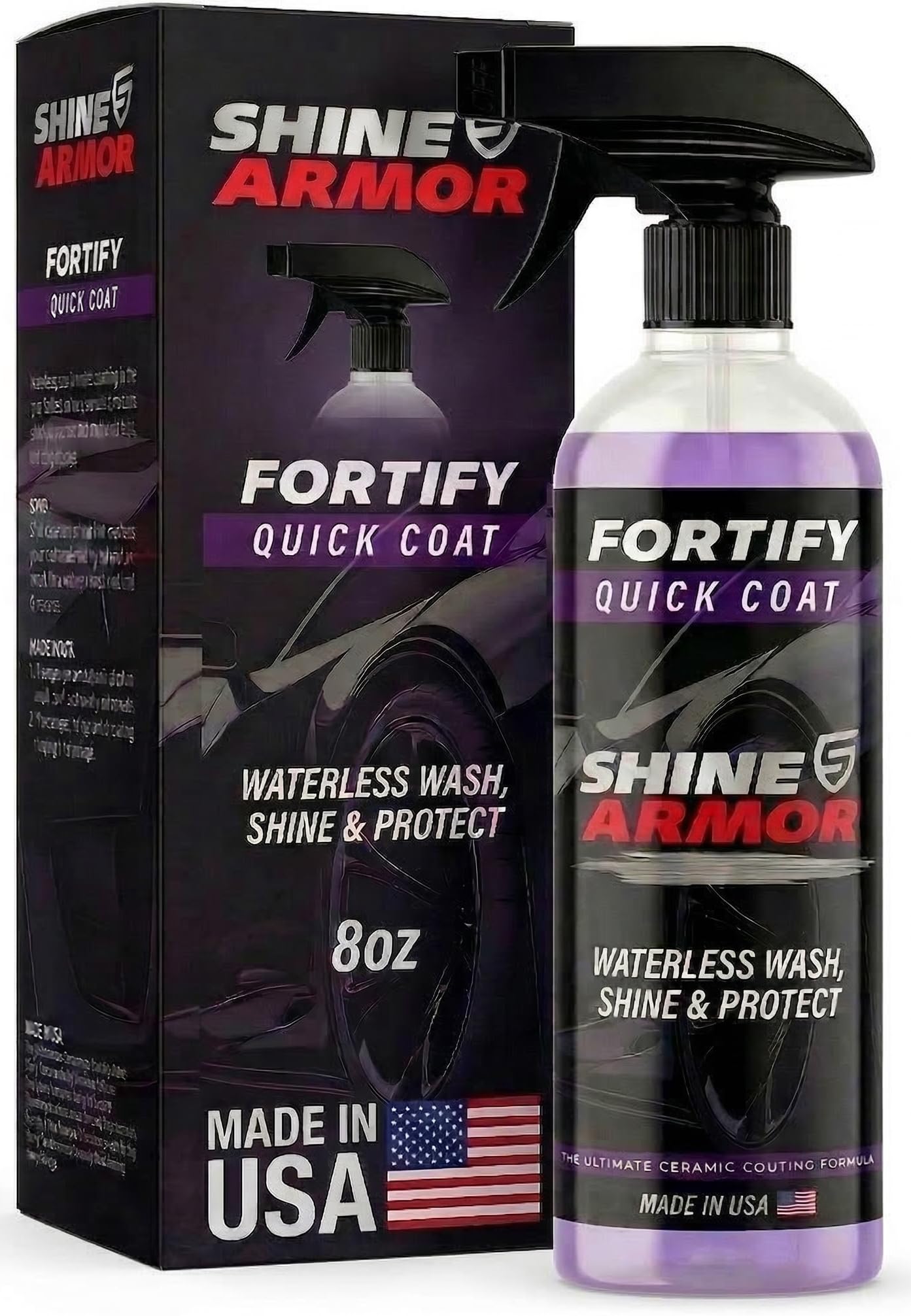 SHINE ARMOR Fortify Quick Coat - 8oz Ceramic Waterless Detailer Spray | 3-in-1 Wash, Wax & Nano-Ceramic Coating | Mirror Shine, Zero Streaks, No Dust Residue | 6-12 Month Protection | Made in USA