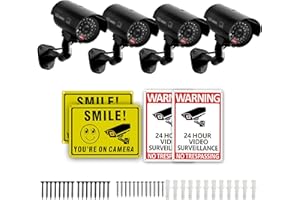 4 Packs Fake Security Camera with No Trespassing Signs Smile You're On Camera Warning Signs and Screws, Dummy Cameras with Re