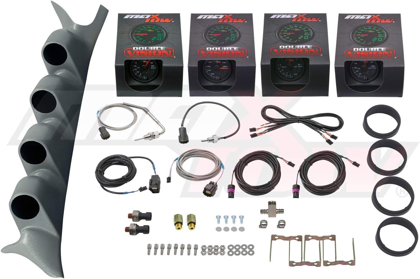 MaxTow Diesel Gauge Package Compatible with Ford Super Duty F-250 F-350 6.0L 7.3L Power Stroke 1999-2007 - Black & Green 60 PSI Boost, 1500F EGT, Transmission Temp & Fuel Pressure - Gray Pillar Pod