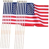 Mindsoft 12 Pack 18 x 12 Inch American Flags on Stick, Handheld USA Flags with Spear Top, Ground Wood Flagpole Pluggable Hand Held Stick Flags for Memorial Day Parades Veteran Party Decorations