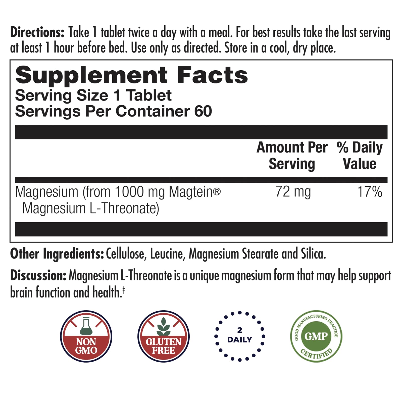 KAL Think Magnesium L-Threonate 2000 mg | Learning, Brain Health & Memory Function Support w/Magtein | Vegan, No Gluten & Non-GMO | 60 Tablets
