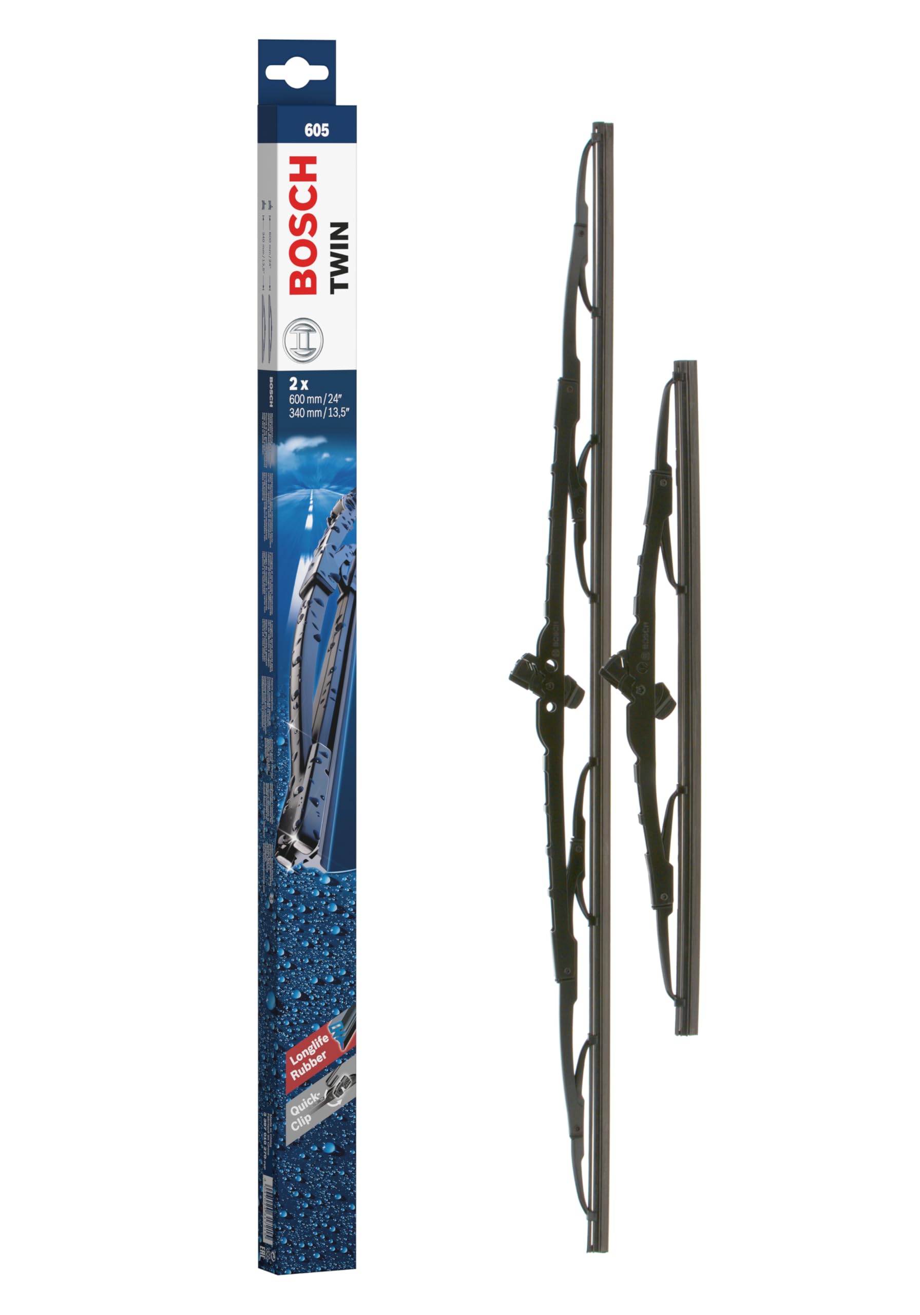 Bosch Wiper Blade Twin 605, Length: 600mm/340mm – Set of Front Wiper Blades, black