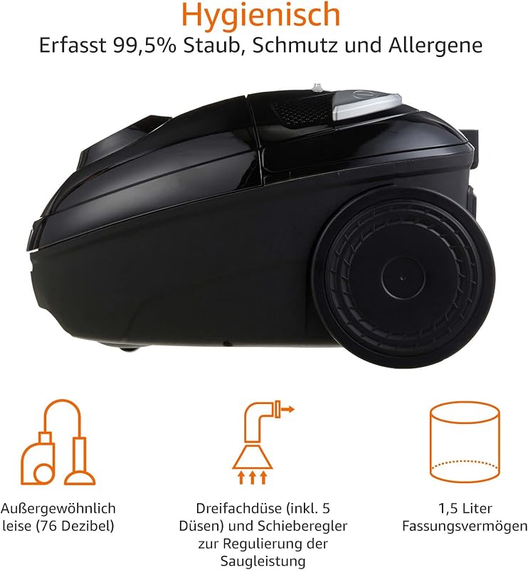 Staubsauger mit Beutel- VCB35B15C-1J7W-70, leistungsstark, kompakt und leicht, für Hart- und Teppichböden, HEPA-Filter, 700 W, 1.5 l, EU, Schwarz