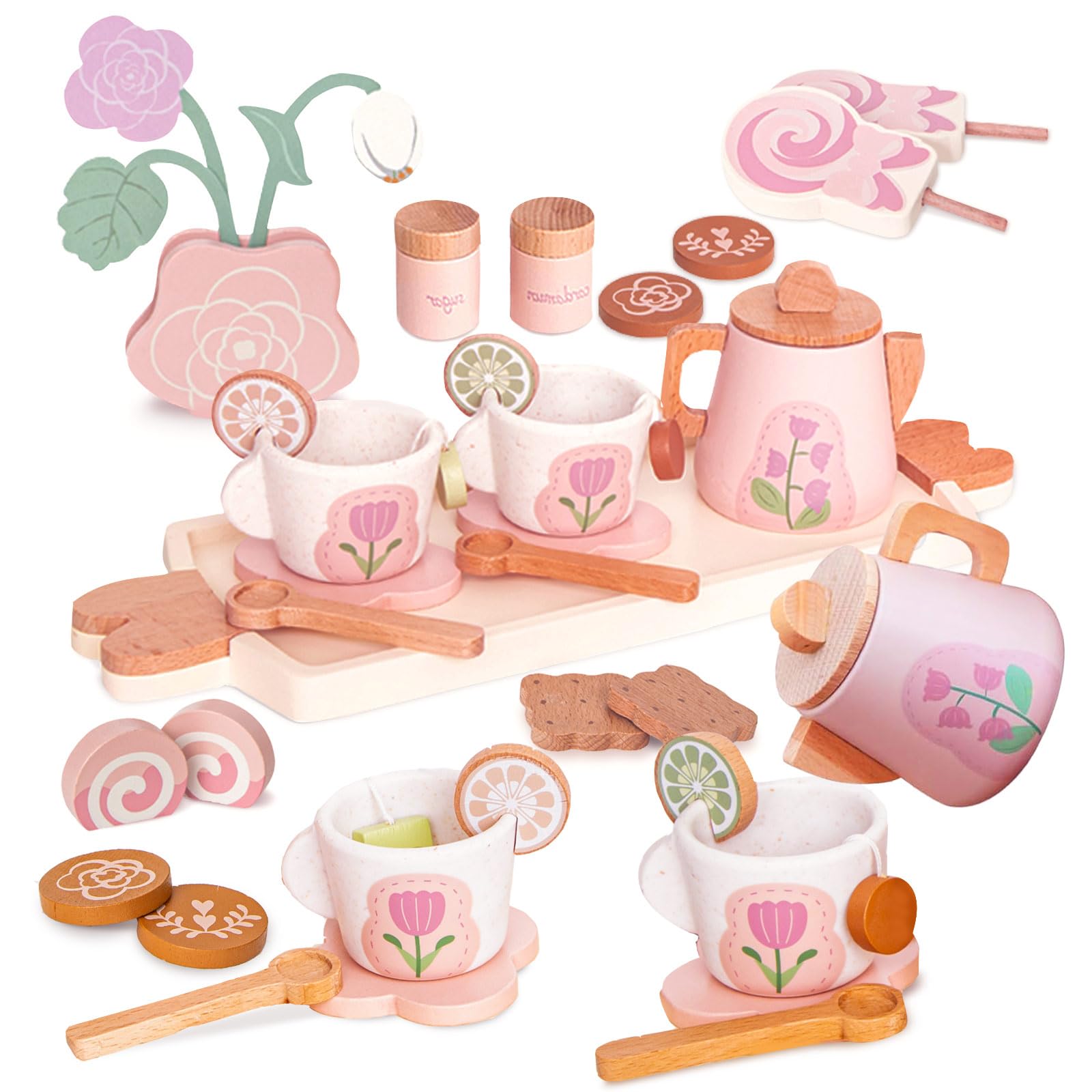 Photo 1 of Wooden Tea Set for Little Girls, Pretend Play Tea Party Set Toy with 27 PCS Play Kitchen Accessories, Princess Tea Set Toy, Birthday Gift for Kids 3-5 Years Old, Improve Imagination