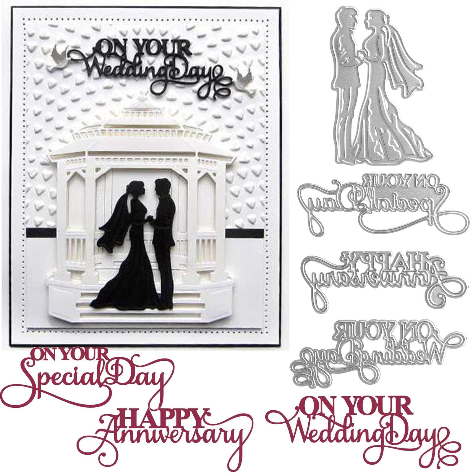 Photo 1 of 4PCS Wedding Dies for Card Making Bride and Groom On Your Special Day,Happy Anniversary On your Wedding Day Alphabets Metal Cutting Dies for DIY Scrapbooking Paper Crafting Handmade Crafts Wedding Dec