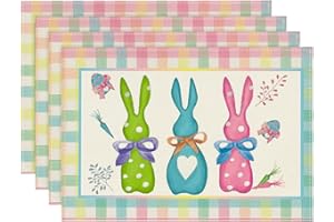 Artoid Mode Green Blue Pink Buffalo Plaid Bunny Happy Easter Placemats Set of 4, 12x18 Inch Seasonal Holiday Table Mats for Party Kitchen Dining Decoration