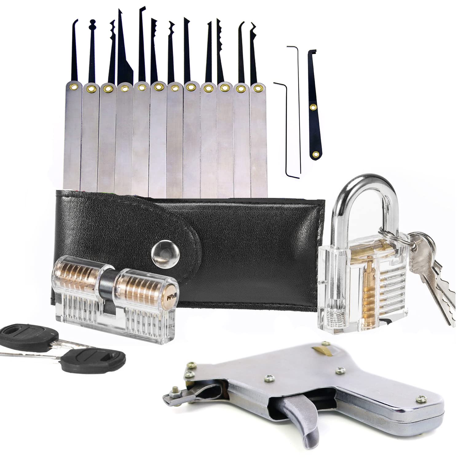 2pcs Transparent Locks with 15pcs Lock Pick Hook,1pcs LockPick Gun Open Tool, Locksmith Beginner Lock Pick Training Kit (Slivery)