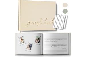 BVSSX Wedding Guest Book, Half Blank and Lined Guestbook Alternative with Table Sign and 108 Polaroid Photo Corners Stickers for Memorial Service, Baby Shower, 100 Pages - Beige 8x10”