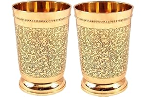 Set of 2 Embossed Designer Brass Mint Julep Cup Goblet Tumbler Capacity 12 Ounce Each