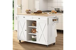 HLR Kitchen Island On Wheels, Rolling Kitchen Island Cart with Drop Leaf Countertop, Barn Door Kitchen Islands Table with Storage Cabinet and Tower Rack, Island Table for Kitchen