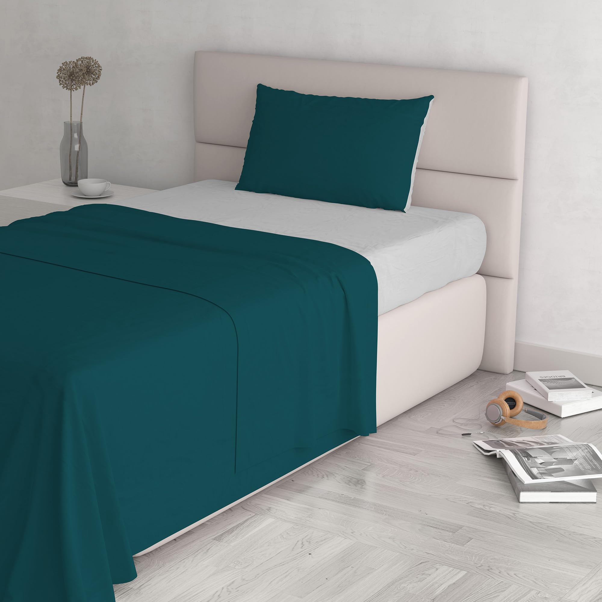 Italian Bed Linen Natural Color Bed Set (Flat 150x300, Fitted Sheet 90x200cm+Pillowcase 52x82cm), Petrol Bottle Green, 100% Cotton, Light Gray, SINGLE