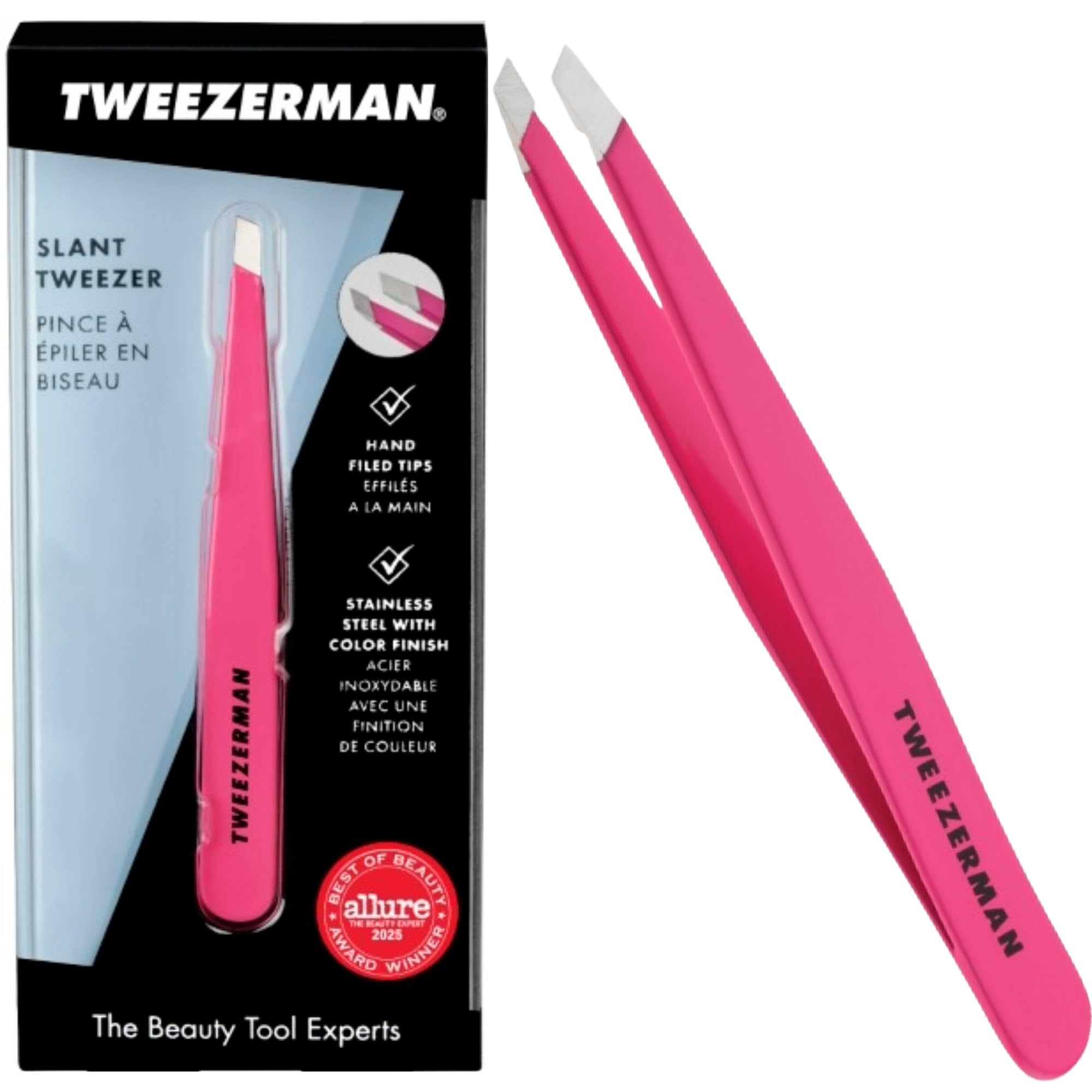 Tweezerman Neon Pink Slant Tweezer, Professional Stainless Steel Precision Tweezers for Facial Hair and Eyebrows, (Pack of 1)