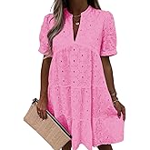 Imily Bela Womens Summer Lace Dresses Eyelet Casual Flowy Babydoll Swing Short Sleeve V Neck Tunic Dress