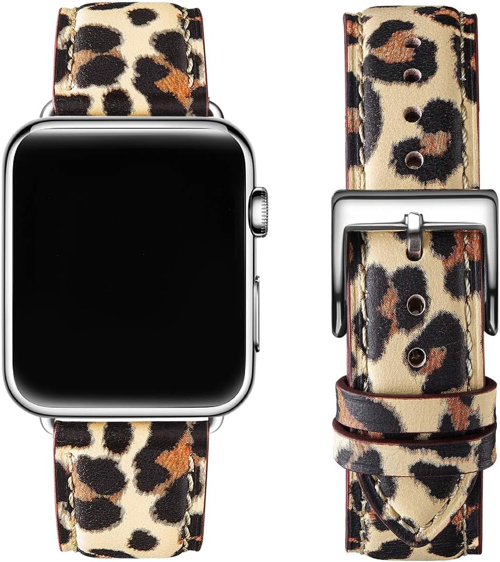 OMIU Square Bands Compatible for Apple Watch 38mm 40mm 42mm 44mm, Genuine Leather Replacement Band Compatible with Apple Watch Series 6/5/4/3/2/1, iWatch SE (Leopard/Silver Connector, 42mm 44mm)