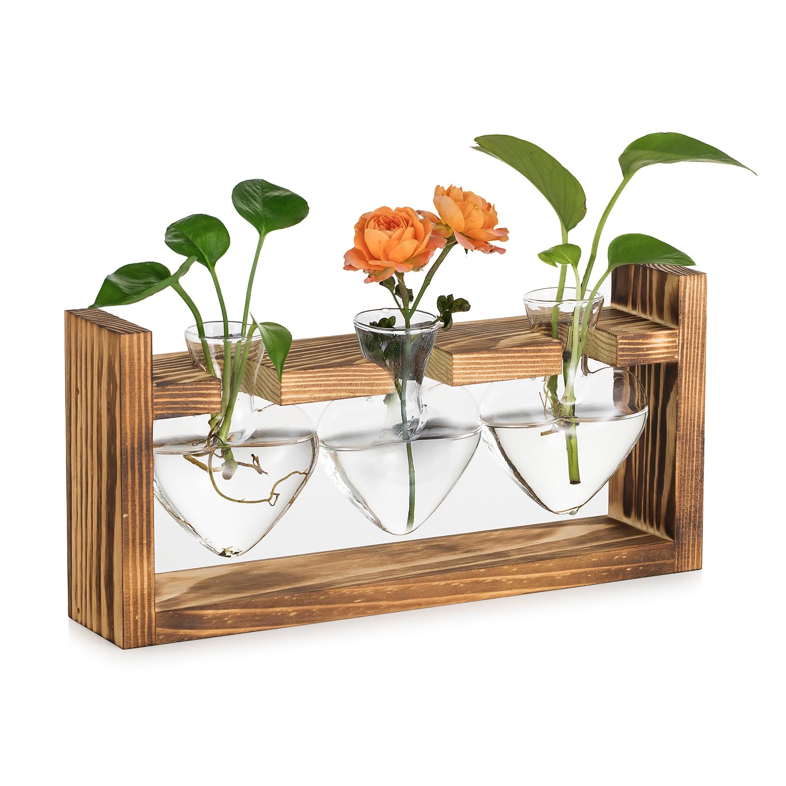 Hewory Propagation Station Plant Terrarium: Vintage Heart Shaped Glass Vase with Retro Wooden Stand - Glass Terrarium Jar Hydroponics Propagators for Plants Home Office Table Centrepiece