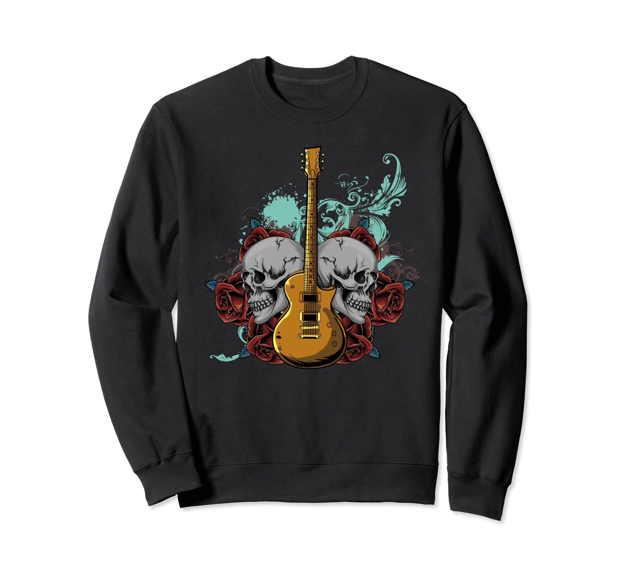 Electric Guitar Skull Red Roses - E-Guitar Rock Guitarist Sweatshirt