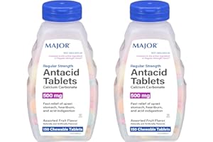 MAJOR Regular Strength Antacid Tablets - Calcium Carbonate 500 mg - Assorted Fruit Flavor - 150 Chewable Count (2 Pack)