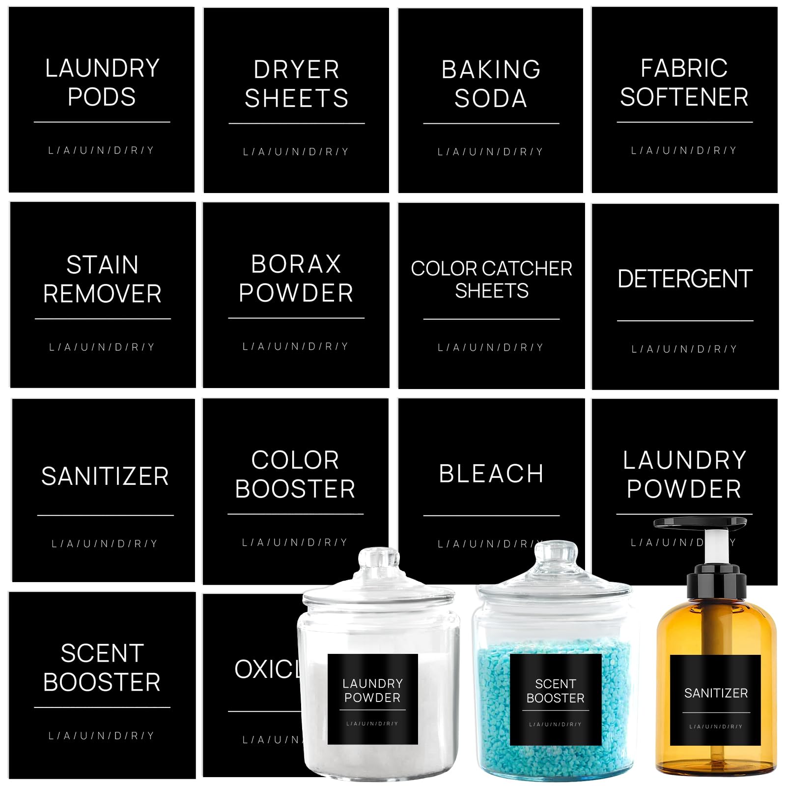 KSIWRE 14 PCS Minimalist Laundry Labels for Jars, Black, Waterproof, Square, 2.6" x 2.6" (6.6cm x 6.6cm), Vinyl, Laminated, Laundry Room Organization and Storage