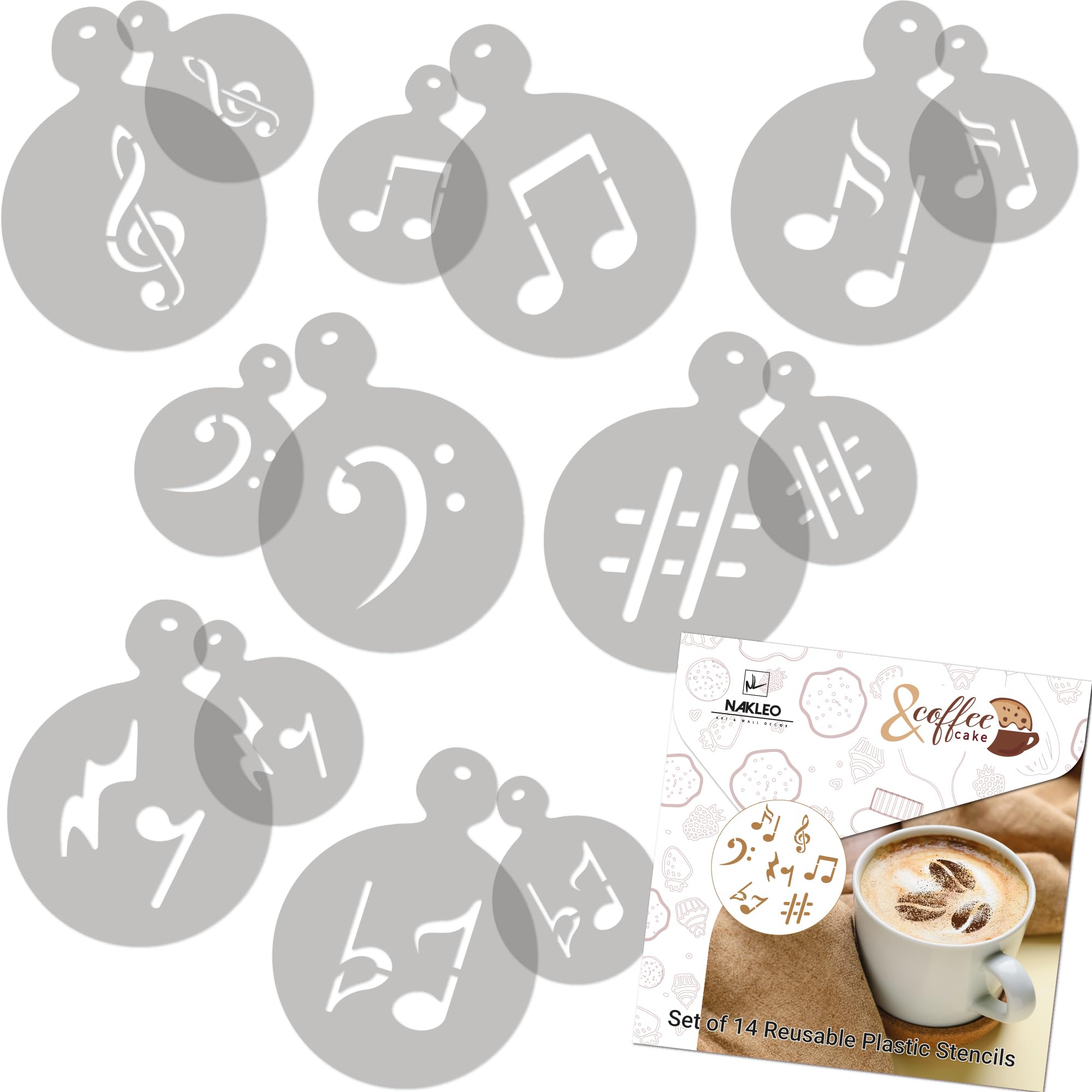 NAKLEO Coffee Stencils and Cookies Decoration 14Pcs 7x7 and 11x11cm, Reusable Plastic Baking Templates, Notes Music Melody, Barista DIY Art Craft, Capuccino Latte Chocolate Cake Biscuit Kitchen