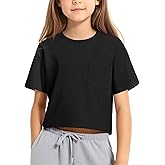 KEREDA Girls Short Sleeve Shirts Crop Tops Crewneck Summer Basic Tees for Kids with Pocket