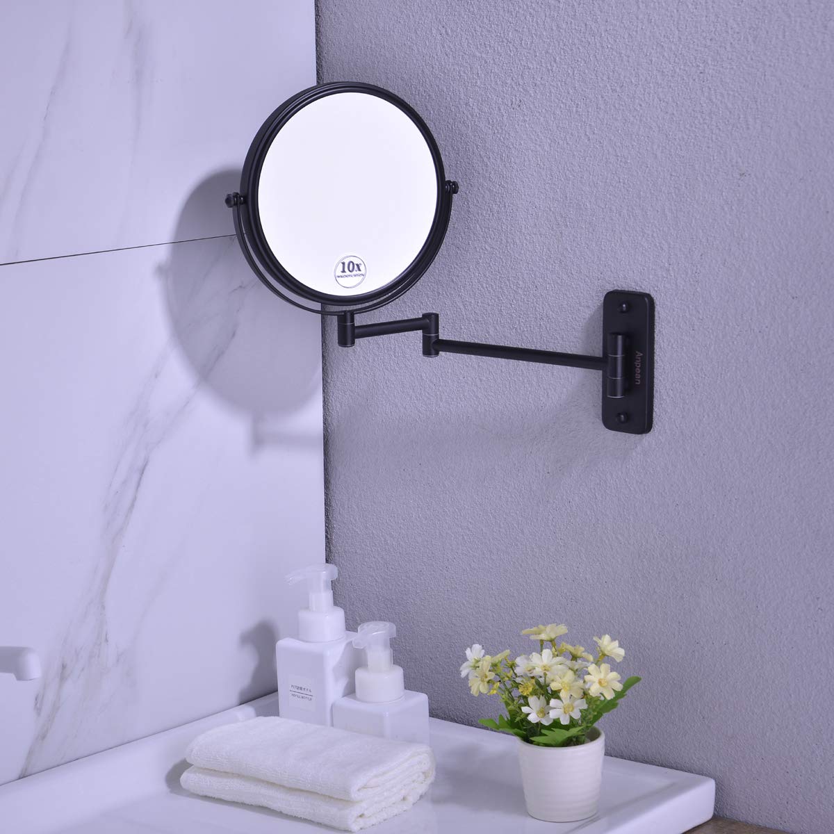 Anpean 8 Inch Double Sided Swivel Wall Mounted Makeup Mirror With 10x Magnification Matte Black