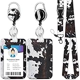 Cowhide Print Badge Holder Reel Lanyard, Cow Skin ID Card Badge Holder Retractable Name Tag Clips for Doctor Nurse Teacher Office Student