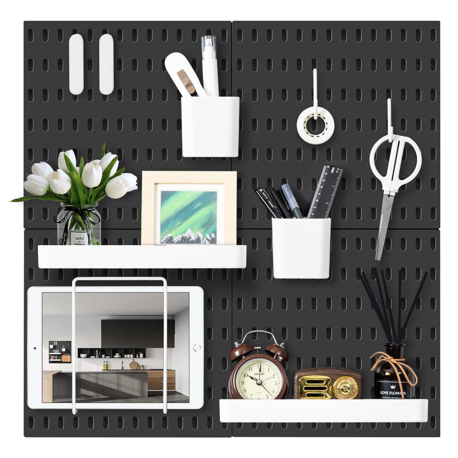Photo 1 of VUSIGN Pegboard Combination Wall Organizer Kit, 4 Pieces Pegboards and 17 Accessories Modular Hanging, Wall Mount Display Peg Board Panel Kits for Bedroom, Home, Office, Bathroom, 22" x 22", Black