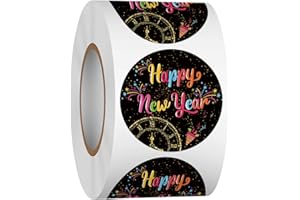 Heyfibro 1.5 Inches Happy New Year Sticker Roll, 500 Pcs Black New Year Stickers for Kids and Adults, Winter Holiday Round Labels Stickers for Gift Packing, Cards, Envelope Seals, Party Supplies