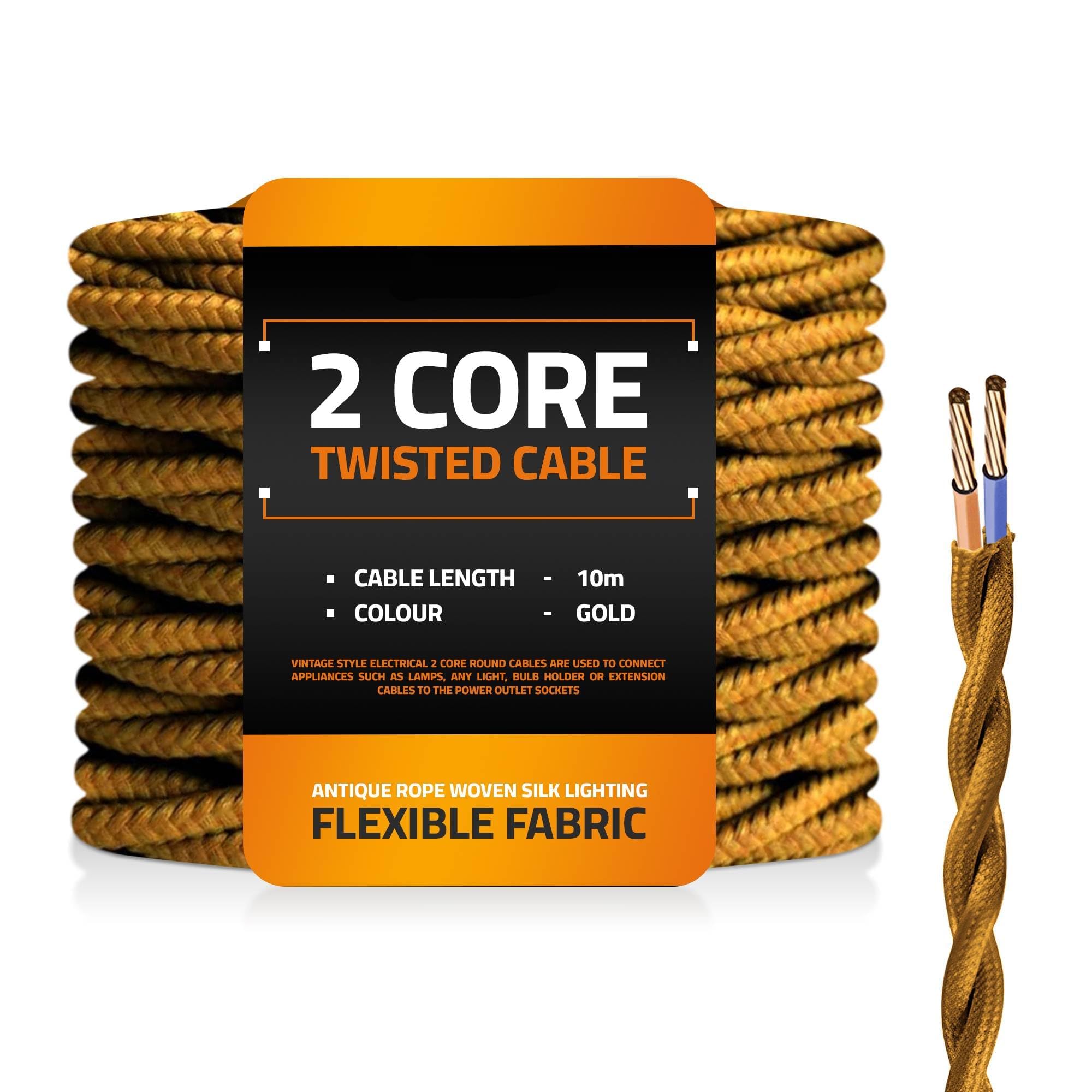 10m Fabric Cable Twisted Cloth Covered Wire 2 Core Electrical Lamp Cord 18AWG 32.8 Feet, Vintage Woven Wiring for Pendant Lights, DIY Projects (Gold)