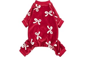 Fitwarm Bowknot Dog Pajamas, Warm Clothes for Small Dogs Girl, Fleece Pet Onesie with Feet, Burgundy Red, White, Small