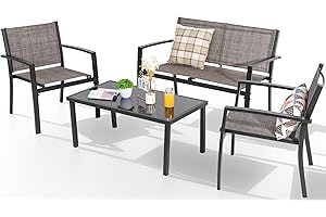 Shintenchi 4 Pieces Patio Furniture Set All Weather Textile Fabric Outdoor Conversation Set, with Glass Coffee Table, Loveseat, 2 Single Chairs for Home, Garden, Lawn, Porch（Light Brown）