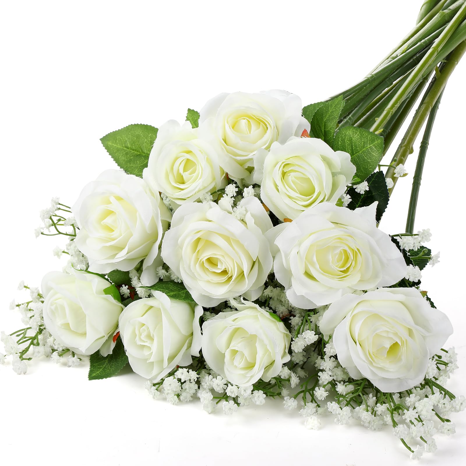 Photo 1 of Fumete 24 Pcs Artificial Roses Flowers Roses Bouquet Baby Breath Artificial Flowers for Wedding Baby Shower Bridal Shower Floral Arrangements Vase Table Centerpiece Home Decoration DIY(White)