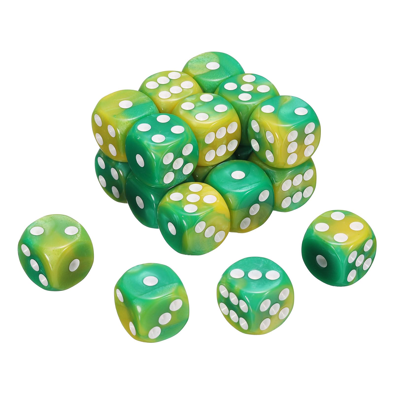 sourcing map 20Pcs 6 Sided Standard Dice, 2 Colors 16mm Acrylic D6 Mini Polyhedral Pearl Pattern Game Dice Set for Table Games, Yellow and Green/White Point