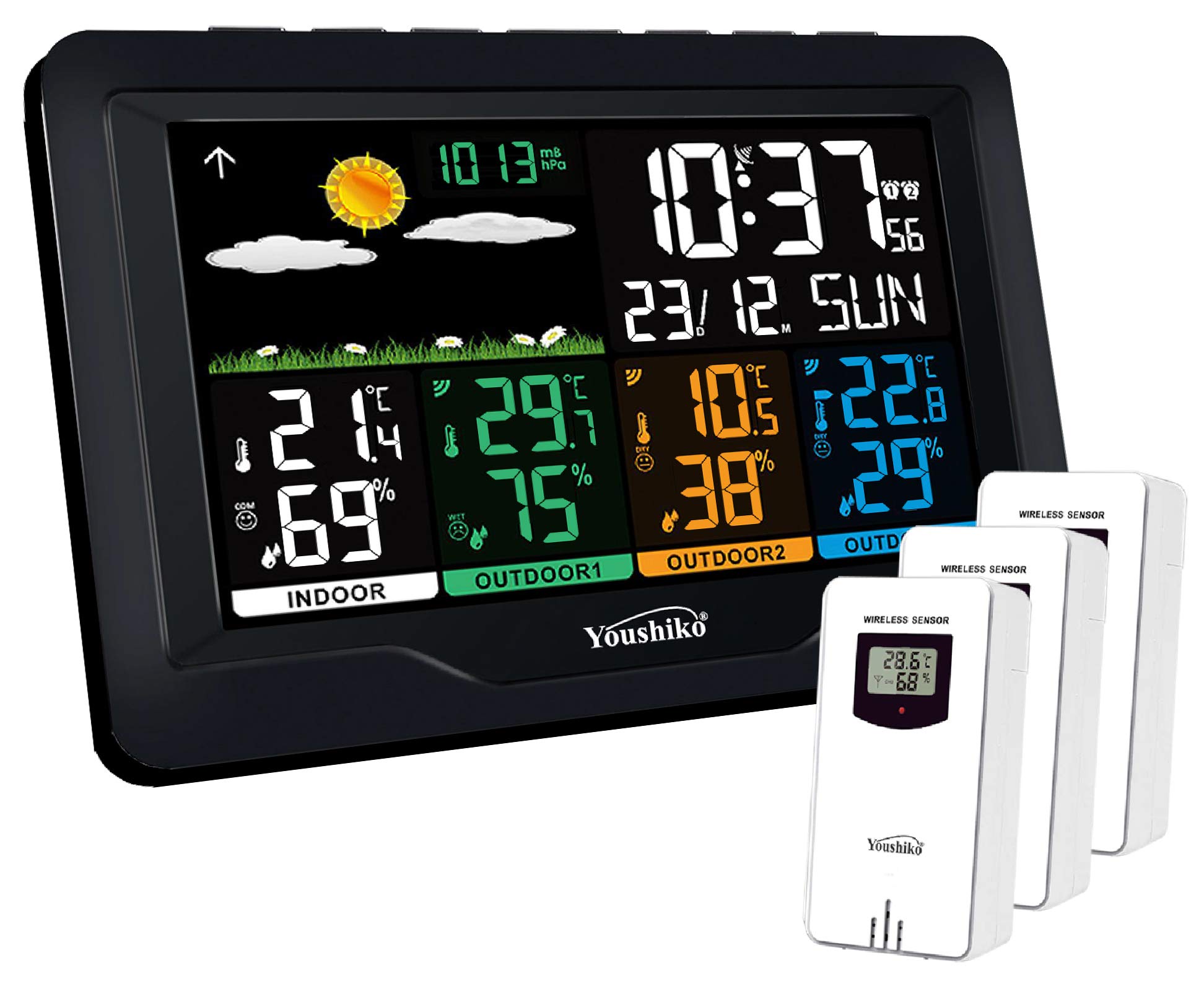 Official 2026 UK Version, with 3 x Wireless Sensors Weather Station, Radio Controlled Clock Indoor Outdoor Temperature Thermometer, Humidity, Barometric Pressure
