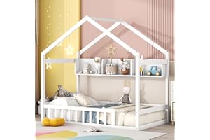BELLEMAVE House Bed Twin Size Floor Bed with Fence Railings, Montessori Bed Frame with Storage Shelves, Wood Playhouse Beds for Kids Girls Boys, White