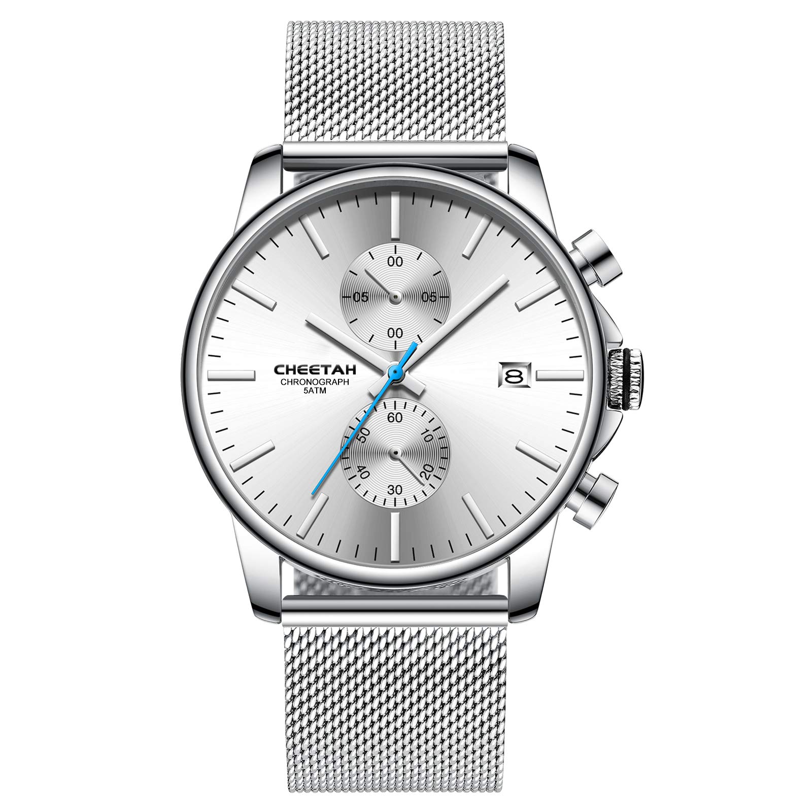 Affute Men's Watches Fashion Sport Quartz Analog Black Mesh Stainless Steel Waterproof Chronograph Wrist Watch Auto Date Hands Red/Blue/Gold…, S White, Bracelet