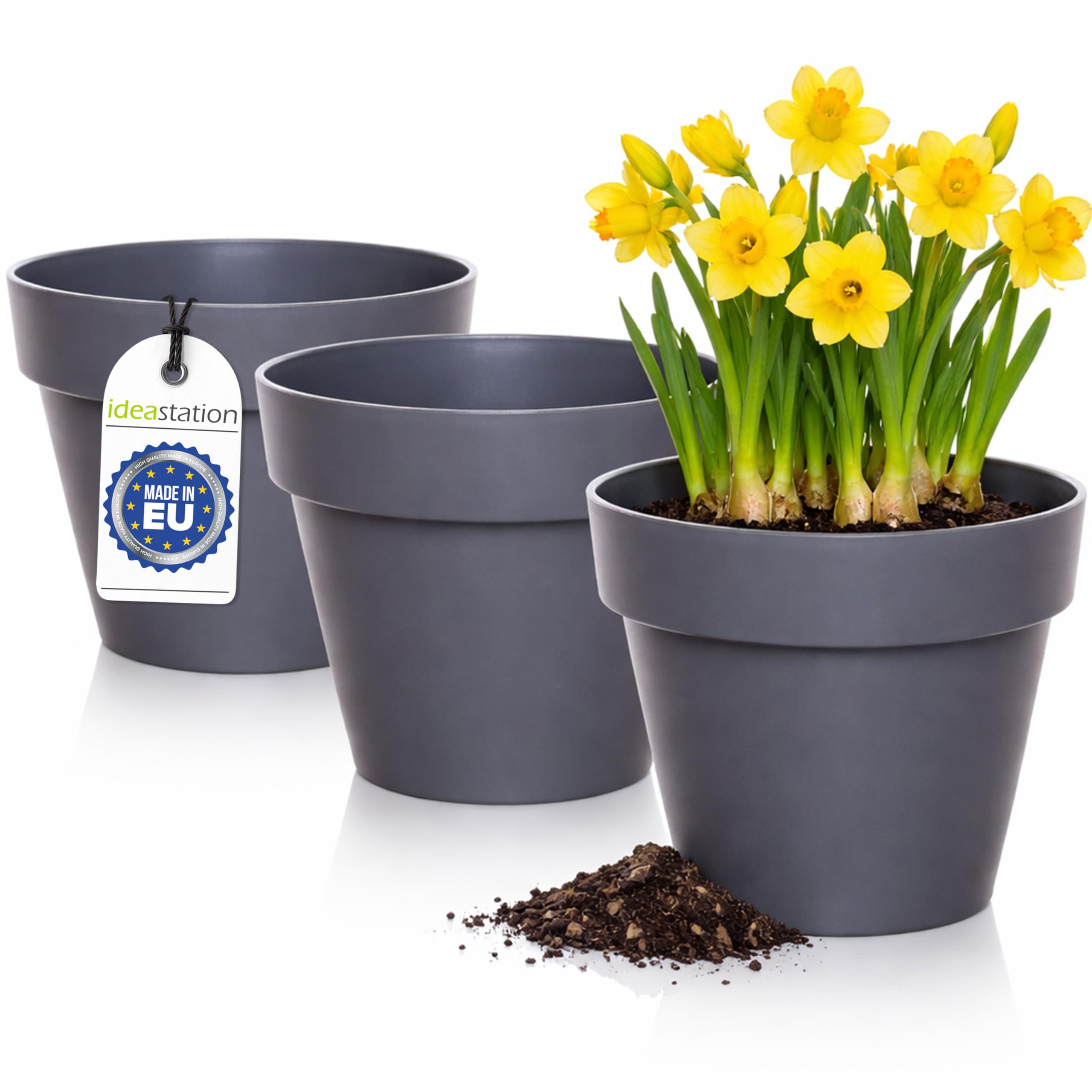 idea-station IBI Plastic Plant Pot Set 3 x 14 cm - anthracite - Indoor Plant Pot Set - Shatterproof Plant Pots in Modern Design, Round - Suitable for Variety of Plants - Outdoor or Indoor Use
