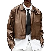 BEAUDRM Men's Faux Leather Jacket Long Sleeve Zip Up Collared Crop Biker Motorcycle Lightweight Coat Outerwear