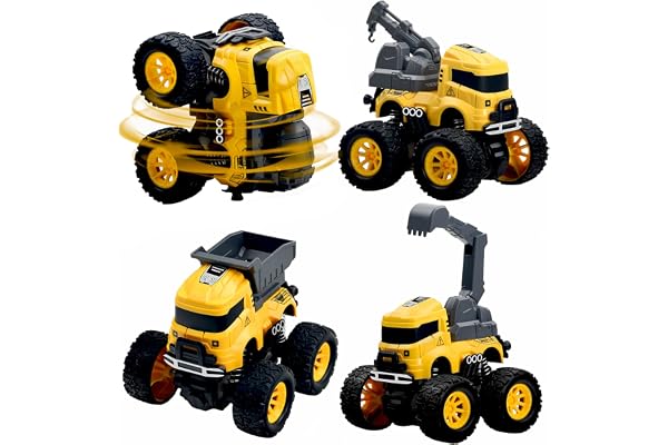 Construction Monster Truck Toys - 4pcs Excavator, Mixer, Crane, Dump Trucks Toy | Push and Go Friction Powered Cars Stunt Veh