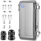 RTHIEAI Waterproof Outdoor IP67 Junction Box (7.9"x3.9"x2.8") with Mounting Plate, Hinged Clear Cover and Wall Brackets - Weatherproof ABS Plastic Electrical Enclosure for DIY Projects (200x100x70mm)