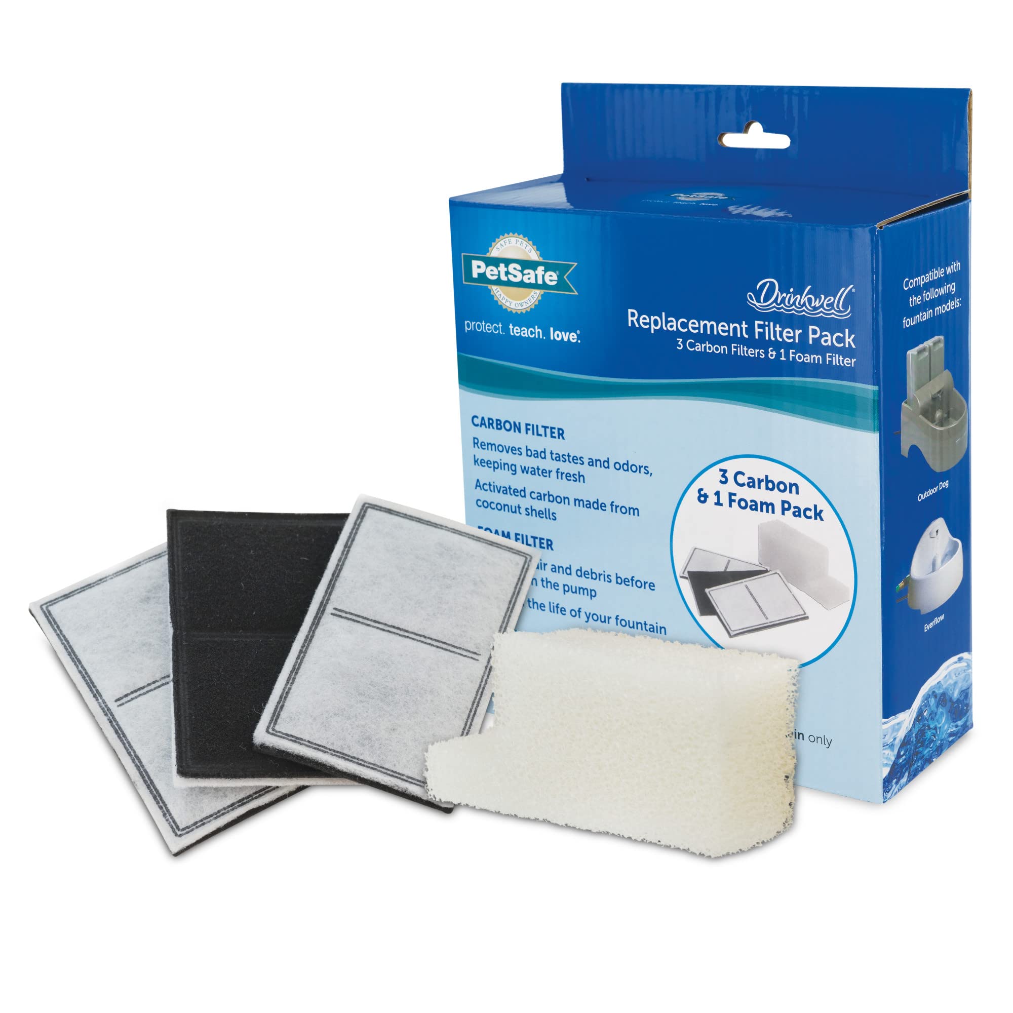 Drinkwell Replacement Filter Pack for Outdoor Dog Water Fountain, 3 Carbon Filters & 1 Foam Filter