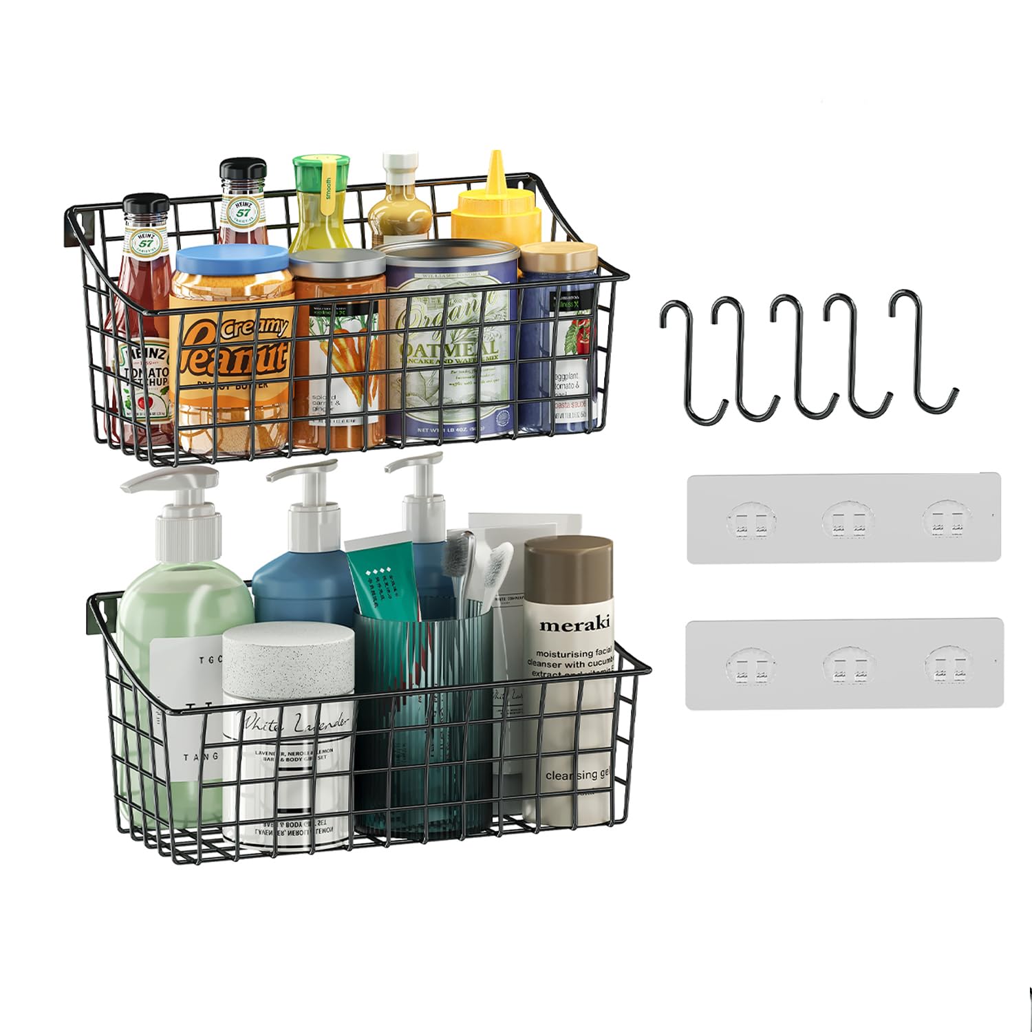 Photo 1 of 2 Pack Wall Hanging Baskets for Organizing Large Wire Baskets with 5 S-shaped Hooks+2 Strong Long Adhesive Hooks,Kitchen Pantry Storage Organizer, Wall Mounted Bin Basket for Kitchen BathroomLPNPMEZ0713079
